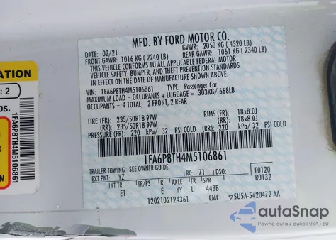 2021 Ford Mustang Ecoboost Premium Fastback z USA, uszkodzony, nr VIN 1FA6P8TH4M5106861